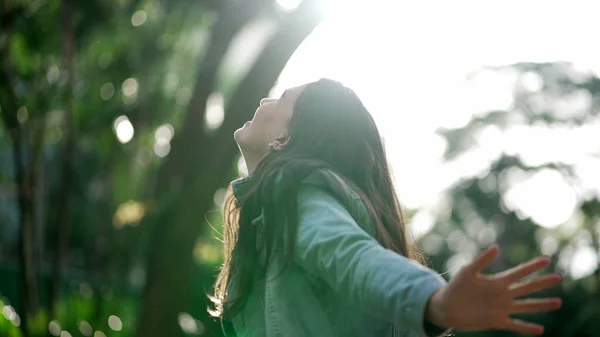 Excited Woman Raising Arms Celebrating Life Nature Happy Person Stretched — Stock Photo, Image