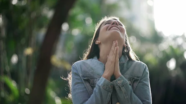 Happy Woman Being Thankful Spiritual Girl Praying Looking Sky Hope — 图库照片