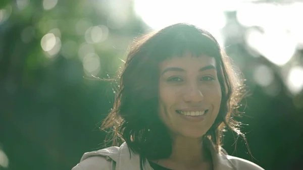 One Young Hispanic Woman Standing Sun Flare Shining Portrait South — Foto de Stock