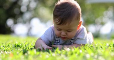 Adorable baby infant toddler boy child outside in nature exploring the world