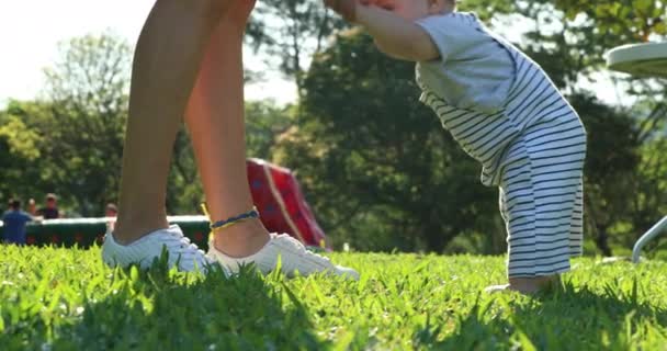 Baby Footsteps Nature Toddler Infant Walking Outdoors Mother Help — Vídeos de Stock