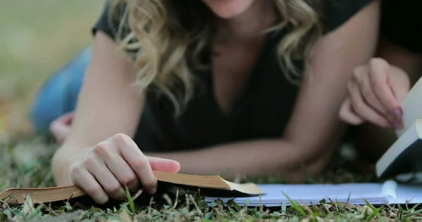 Smart Girl Reading Book Outdoors Intelligent Girl Wearing Glasses Lying — Stok fotoğraf