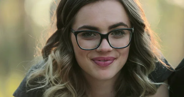 Portrait Happy Blonde Hispanic Girl Wearing Glasses Studying Reading Book — Foto Stock