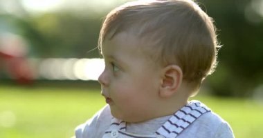 Handsome portrait of baby toddler child outside in nature during sunset