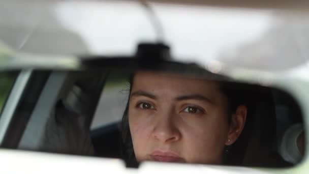 Driver Checking Rear View Mirror Female Driving Road Reflected Mirror — Video Stock