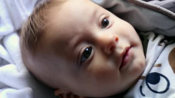 Adorable Beautiful Baby Toddle Infant Boy Face Looking Camera — Vídeos de Stock