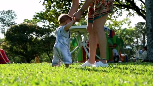 Baby Learning Walk Beautiful Authentic Toddler First Steps Outdoor Nature — Vídeo de stock