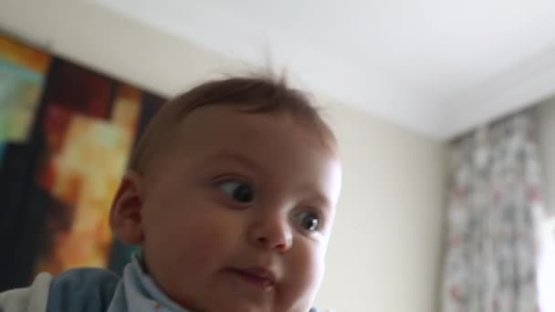Closeup Happy Baby Being Fed Parent — Vídeo de stock