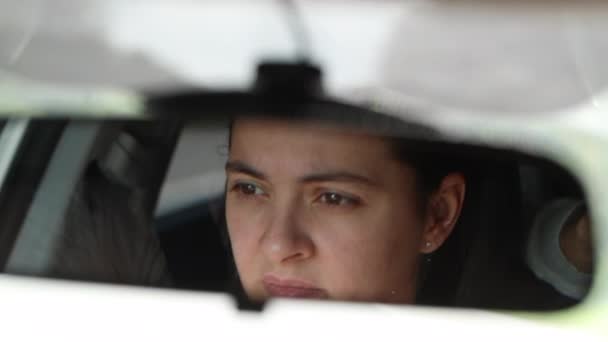 Female Driver Road Driving Seen Rear View Mirror — Video Stock