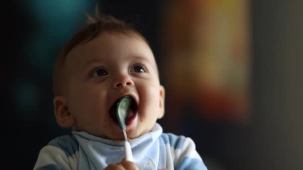 Beautiful Cute Baby Toddler Face Closeup Teething Spoon Parent Feeding — Stock video