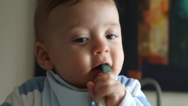 Happy Baby Lunch Teething Spoon Mouth Closeup Infant Toddler Face — Video