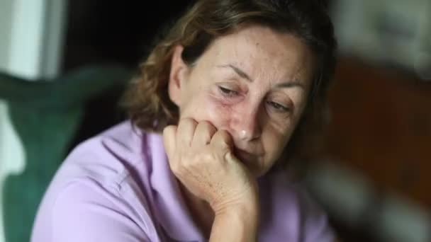 Pensive Senior Woman Thinking Life Hand Chin — Vídeos de Stock
