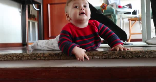 Cute Baby Toddler Boy Home Looking Camera Wanting Climb Stair — Vídeo de Stock