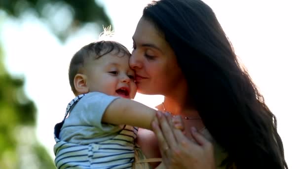 Candid Authentic Mother Baby Son Infant Together Loving Caring Outdoors — Vídeo de stock