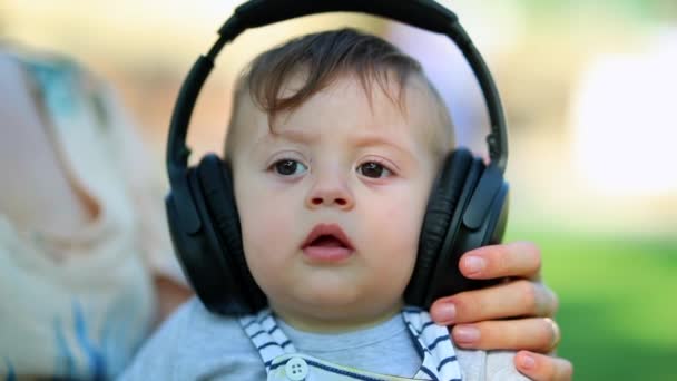 Baby Child Listening Music Headphones First Time — Vídeos de Stock