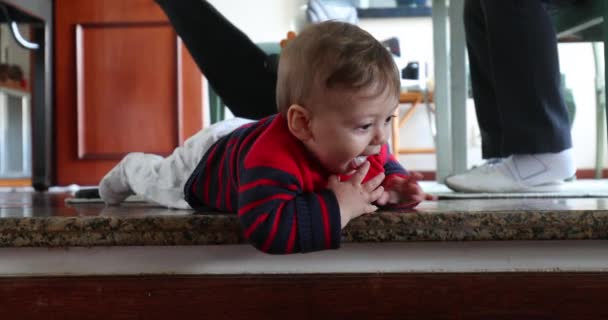 Cute Baby Toddler Boy Home Looking Camera Wanting Climb Stair — Vídeo de stock