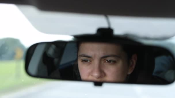 Person Driving Road Seen Rear View Mirror Female Driver Reflection — Vídeo de Stock