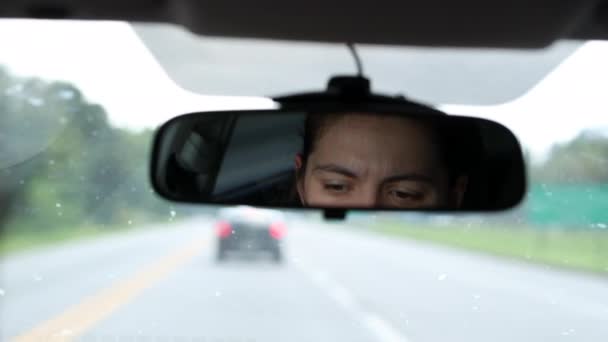 Female Driver Road Seen Rear View Mirror — Video Stock