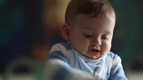Cute Baby Toddler Biting Spoon Parent Feeding Happy Infant Baby — Wideo stockowe