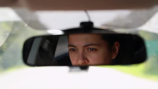 Tired Female Driver Seen Rear View Mirror Driving Road — Video Stock