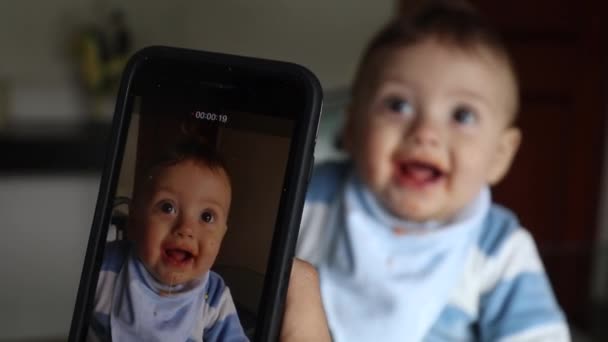 Mother Taking Photo Cute Baby Cellphone Device Parent Holding Smartphone — Vídeo de stock