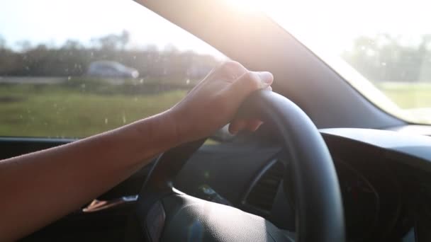 Close Hand Holding Steering Wheel Driving Road Slow Motion — Stockvideo