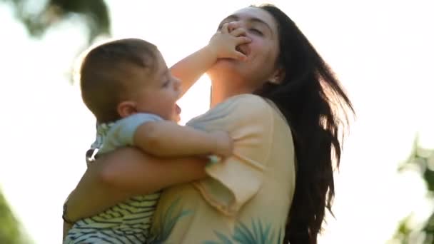 Mother Baby Together Outdoor Sunset Lens Flare — Vídeo de Stock
