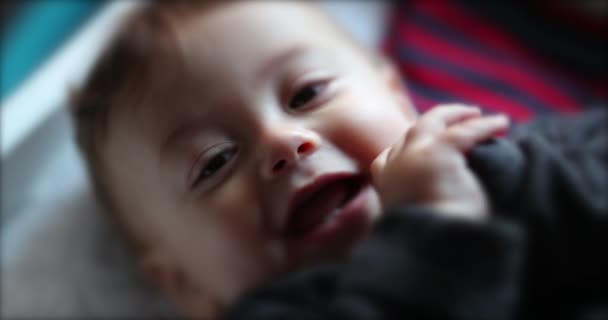 Счастливый Радостный Очаровательный Милый Младенец Малыша Улыбается Смеется Глядя Камеру — стоковое видео