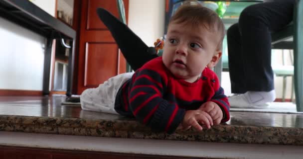 Cute Baby Toddler Boy Home Looking Camera Wanting Climb Stair — Stockvideo