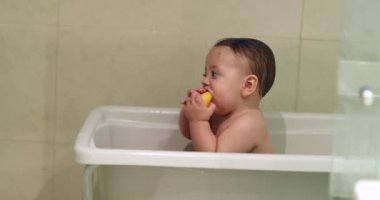 Adorable baby child inside bathtub playing with yellow duck. Bathing infant toddler