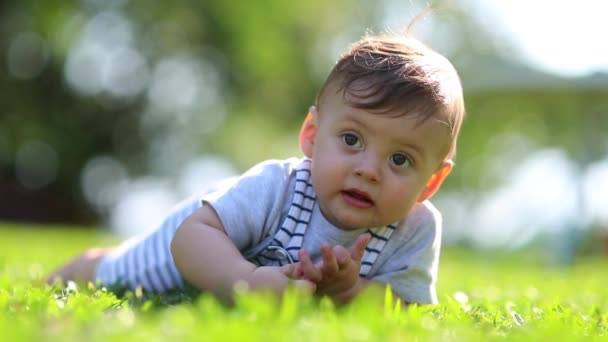 Красивий Дитячий Малюк Лежить Траві Зовні Природі Щасливий Хлопчик Посміхається — стокове відео