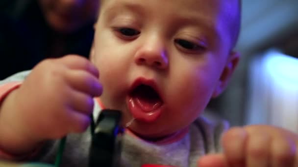 Sweet Cute Baby Toddler Playing Toy Indoors — Stockvideo
