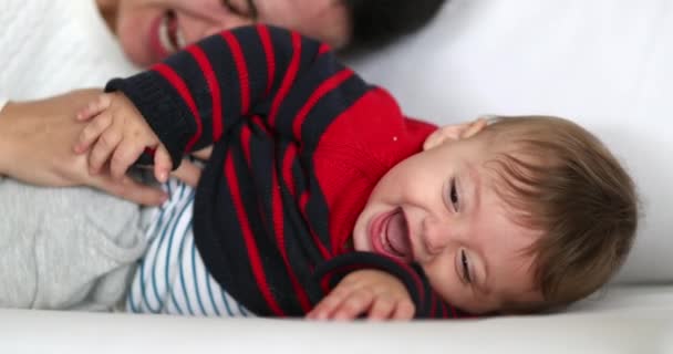 Mom Tickling Baby Infant Son Candid Authentic Real Life Smile — Wideo stockowe