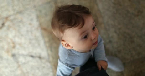 Cute Adorable Baby Toddler Holding Father Leg Dad Pov Looking — Stockvideo