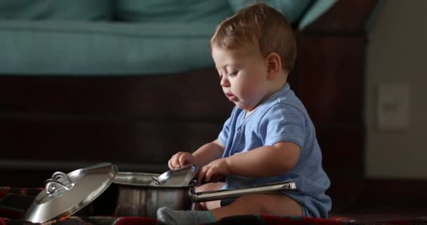 Baby Holding Pots Pans Home Toddler Playing Kitchen Utensils — Stok Video