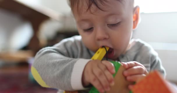 Bebê Criança Colocando Brinquedo Boca Dentição — Vídeo de Stock