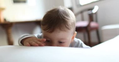 Adorable cute baby toddler learning to stand up by holding on sofa