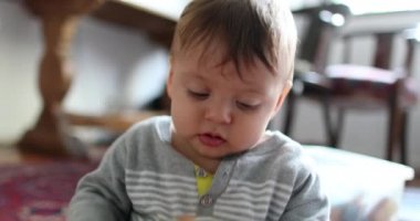 Baby toddler playing with toys at home. Infant boy plays with toy