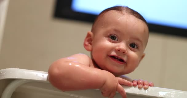 Cute Baby Holding Bathtub Side Smiling Bathing Happy Infant Toddler — Stok video