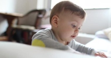 Cute baby holding into sofa, infant boy learning to stand up, adorable toddler looking to camera