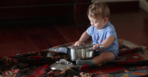 Adorable Baby Toddler Playing Pots Pans Living Room Home — ストック動画