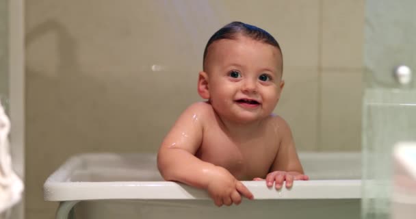 Bathing Smiling Happy Cute Adorable Baby Toddler Infant Bathtub — Vídeo de stock