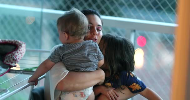 Real Life Mother Hugging Children Arms Candid Authentic Mom Holding — Vídeo de Stock