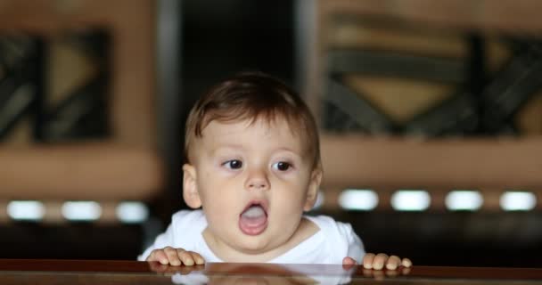 Adorable Baby Appearing Table Cute Infant Peeking Out Head Table — Stockvideo