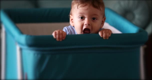 Cute Baby Crib Appearing Toddler Boy Peeking Head Cradle Smiling — Wideo stockowe
