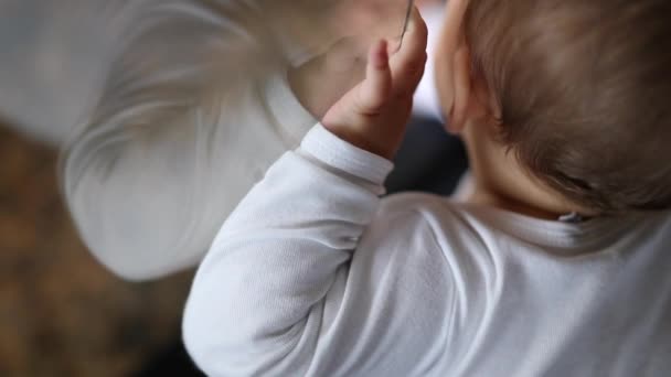 Cute Baby Hand Finger Holding Glass Window Peeking Infant Hand — Stockvideo