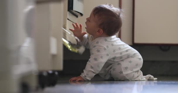Curious Toddler Exploring Kitchen Cupboards Opening Discovering Cabinets Dropping Object — Vídeo de Stock