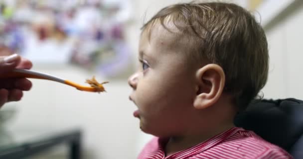 Parent Feeding Happy Baby Sitted High Chair Smiling — Vídeo de Stock