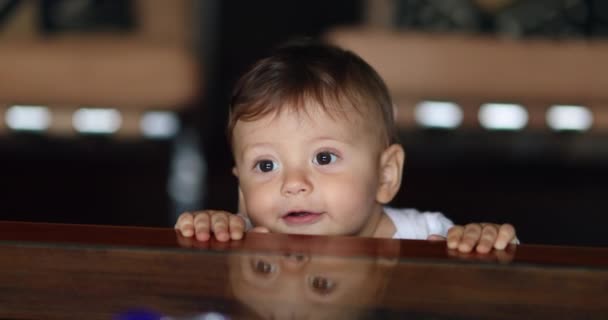 Baby Hiding Appearing Table Curious Cute Adorable Infant Peeking Out — Wideo stockowe