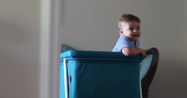 Cute Tired Baby Standing Crib Rubbing Eye Hand — Video Stock